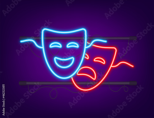 Comedy and tragedy theatrical masks. Neon style. Vector illustration
