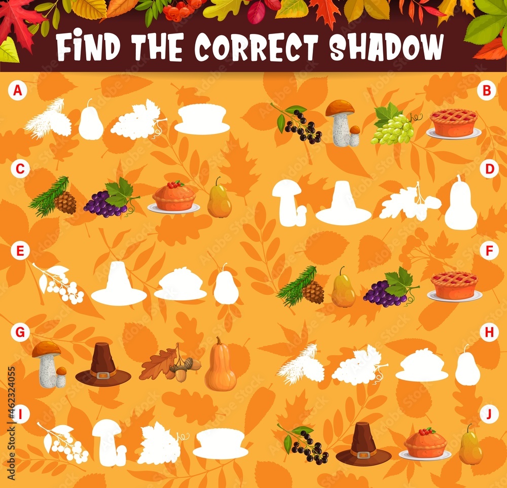 Find the correct shadow of thanksgiving harvest and autumn leaves kids matching game. Children logic vector educational cartoon worksheet, riddle for logical mind development with pie, hat and crop - obrazy, fototapety, plakaty 