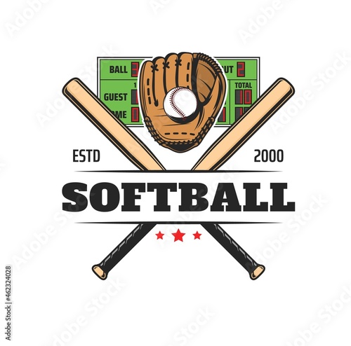 Softball sport icon, baseball club team badge and league game vector emblem. Softball or baseball equipment glove, ball and bats for sport championship or varsity tournament