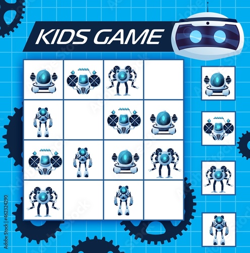 Sudoku kids game with robots, vector riddle with cartoon ai cyborgs, humanoids and androids characters on chequered board. Children logic maze, puzzle for leisure recreation, boardgame with cards