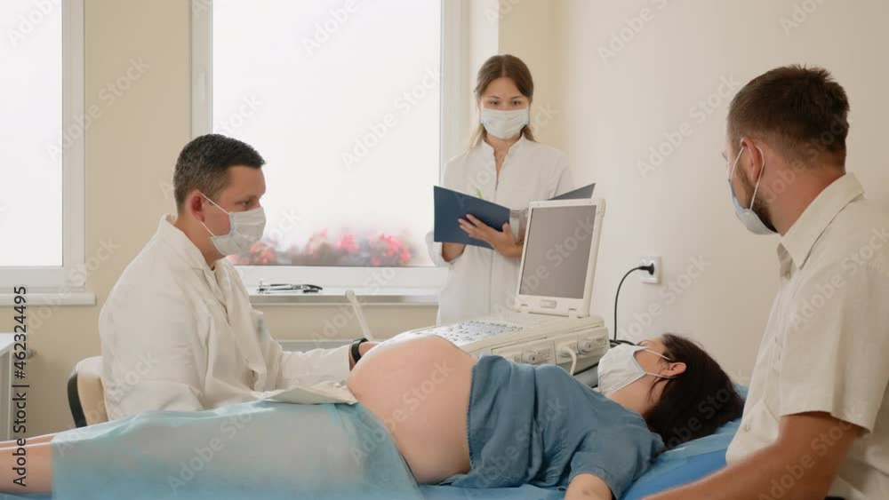 custom made wallpaper toronto digitalProfessional doctor in white lab coat using ultrasound equipment for screening tummy of pregnant woman. Caucasian brunette in expectation getting professional diagnostic at modern clinic.
