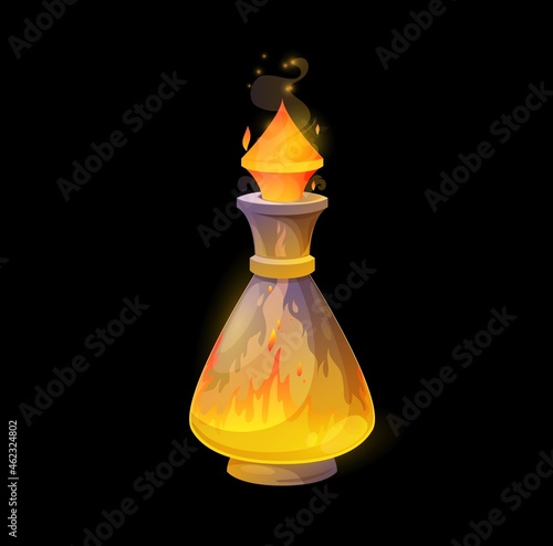 Glass potion bottle with fire, orange flames raging in flask. Vector magic elixir, spell with blaze splash tongues. Cartoon element for magic game ui design. Witch asset isolated on black background