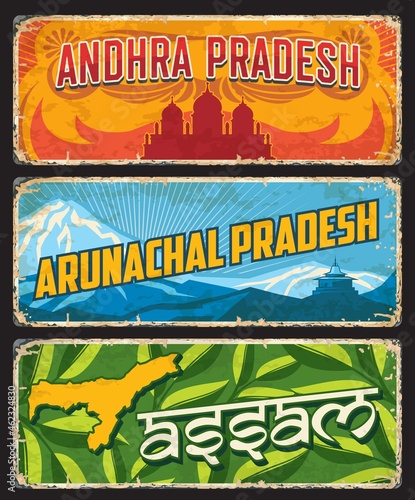 Assam, Andhra and Arunachal Pradesh, India states or regions vector tin signs. Indian states metal plates or city welcome signage with region landmark symbols and emblems, map or city tagline photo