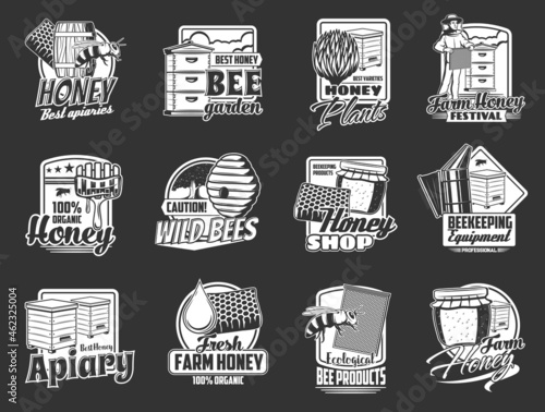 Honey bee, honeycomb and apiary beehive isolated icons, vector beekeeping and apiculture. Beekeeper, hive, pot and jar with flower honey, propolis, beeswax and wooden dipper monochrome emblems design