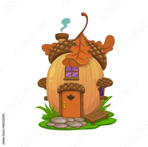 Fairy oak acorn house, vector dwelling of elf, gnome or wizard. Cartoon fantasy home, cottage or bungalow building made of acorn nut with windows, door, roof and chimney, oak tree leaves and bench
