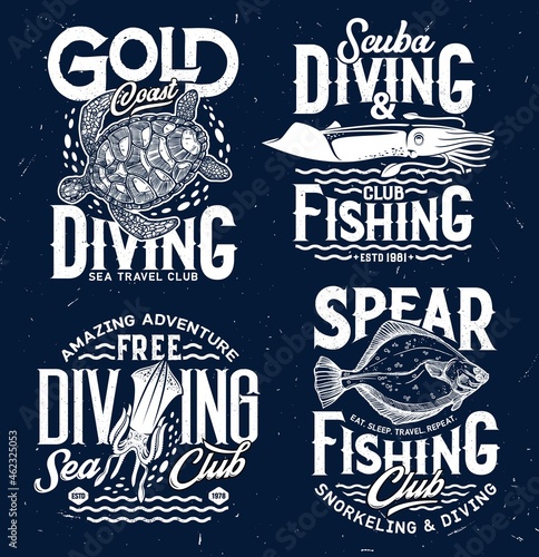 Spear fishing and ocean scuba diving club t-shirt print. Sea turtle, squid or cuttlefish and flounder or flatfish engraved vector. Snorkeling fishing, travel club apparel print with sea animals