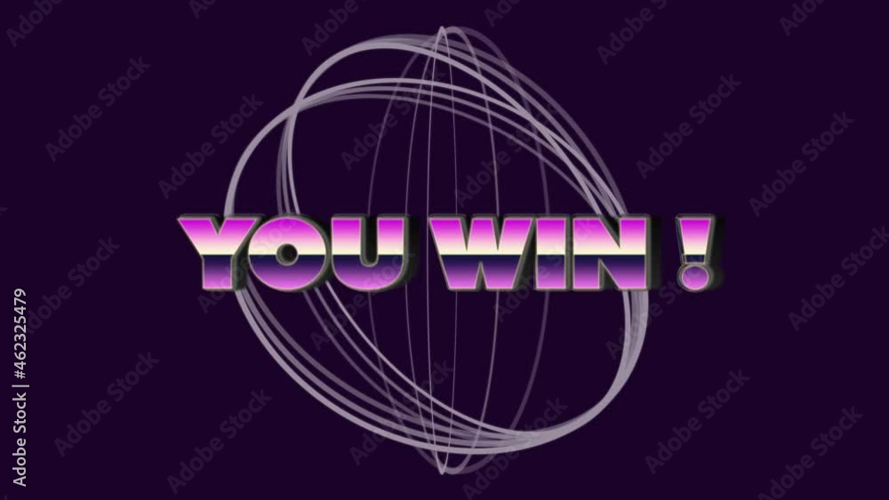 Animation of you win text in metallic pink to purple letters over scope scanning Animation of you win text in metallic pink to purple letters over scope scanning