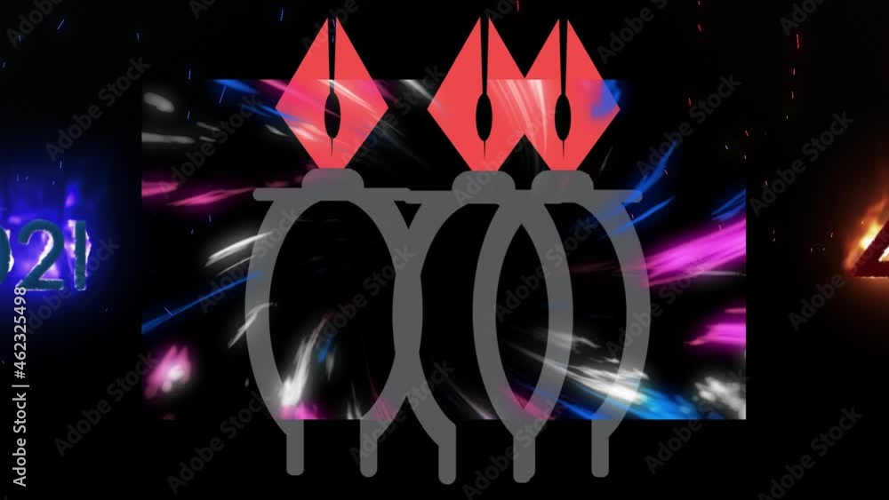 Animation of colorful lines over three pens and burning numbers on black background Animation of colorful lines over three pens and burning numbers on black background