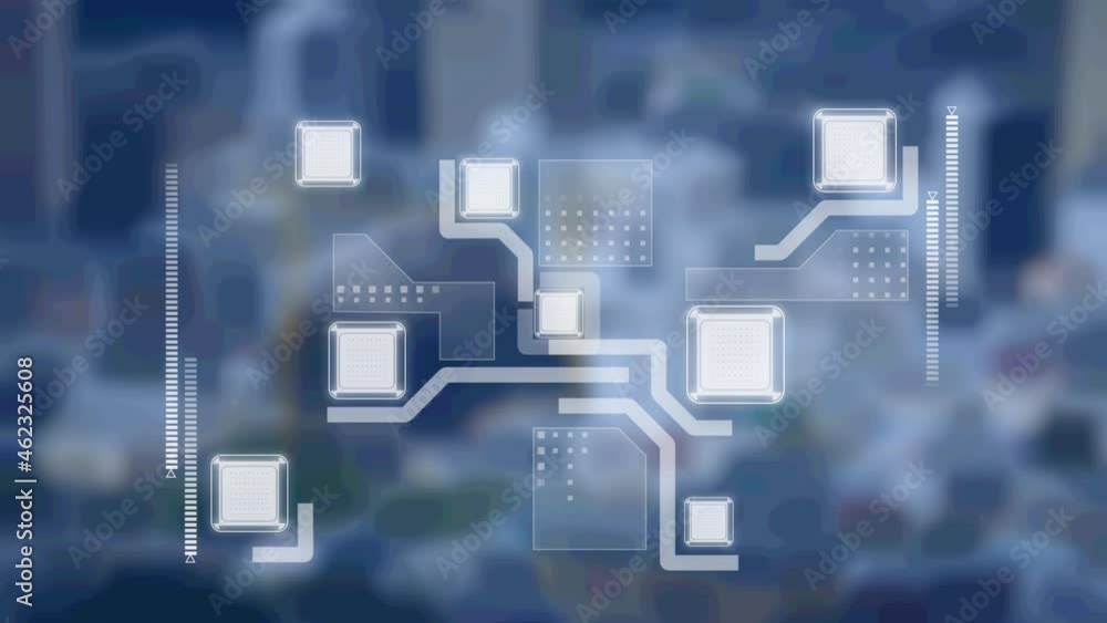 Animation of integrated circuit over blue background Animation of integrated circuit over blue background