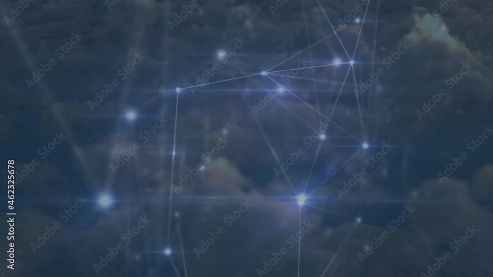 Animation of network of connections over clouds in background Animation of network of connections over clouds in background