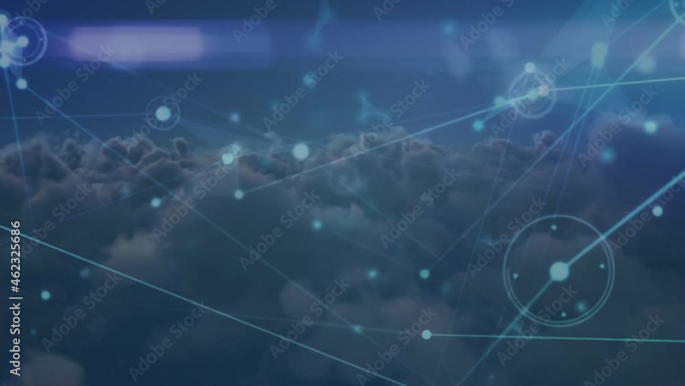 Animation of network of connections over clouds in background Animation of network of connections over clouds in background