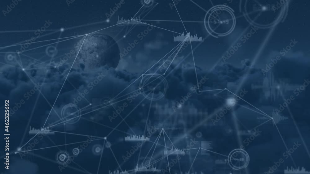 Animation of network of connections with statistics recording over clouds in background Animation of network of connections with statistics recording over clouds in background