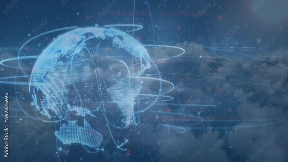 Animation of network of connections with globe over clouds in background Animation of network of connections with globe over clouds in background