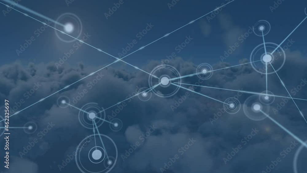 Animation of network of connections over clouds in background Animation of network of connections over clouds in background
