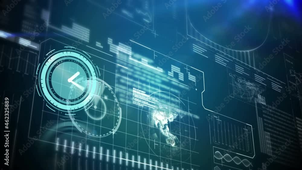Animation of clock moving fast and data processing with globe on screen Animation of clock moving fast and data processing with globe on screen