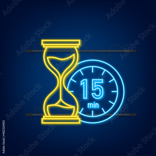 The 15 minutes, stopwatch vector neon icon. Stopwatch icon in flat style, timer on on color background. Vector illustration.