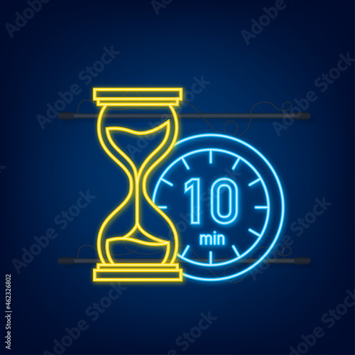 The 10 minutes, stopwatch vector neon icon. Stopwatch icon in flat style, timer on on color background. Vector illustration.