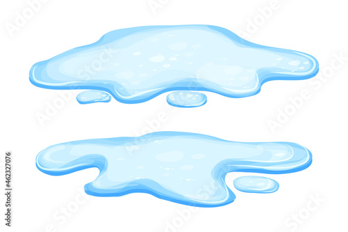 Set Water puddle in cartoon style isolated on white background. Spill, lake or liquid. Design element. Seasonal object.