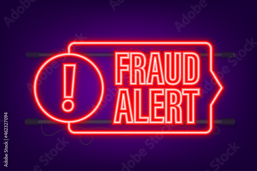 Fraud alert. Neon icon. Security Audit, Virus Scanning, Cleaning, Eliminating Malware, Ransomware Vector stock illustration