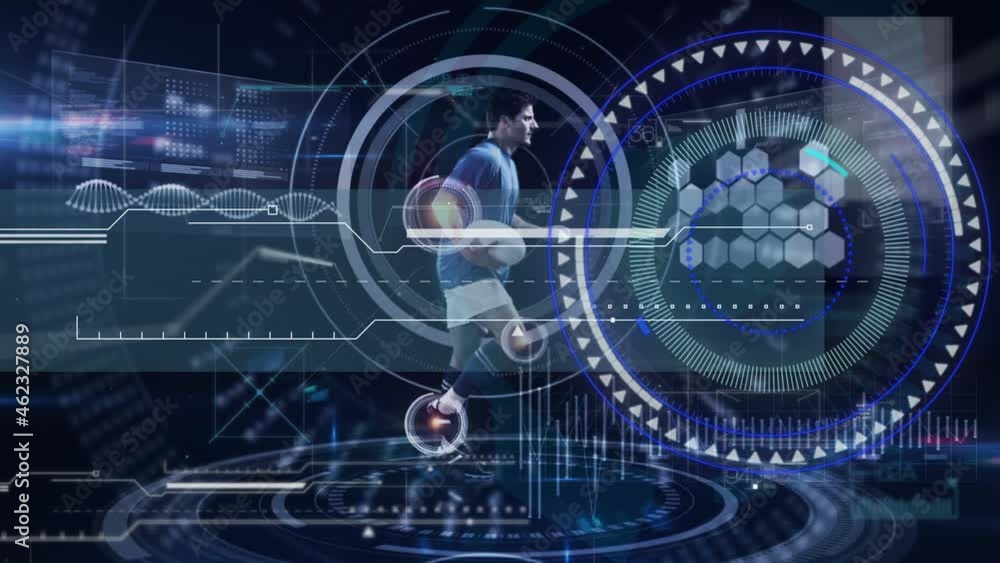 Animation of data processing over caucasian male rugby player running with ball Animation of data processing over caucasian male rugby player running with ball