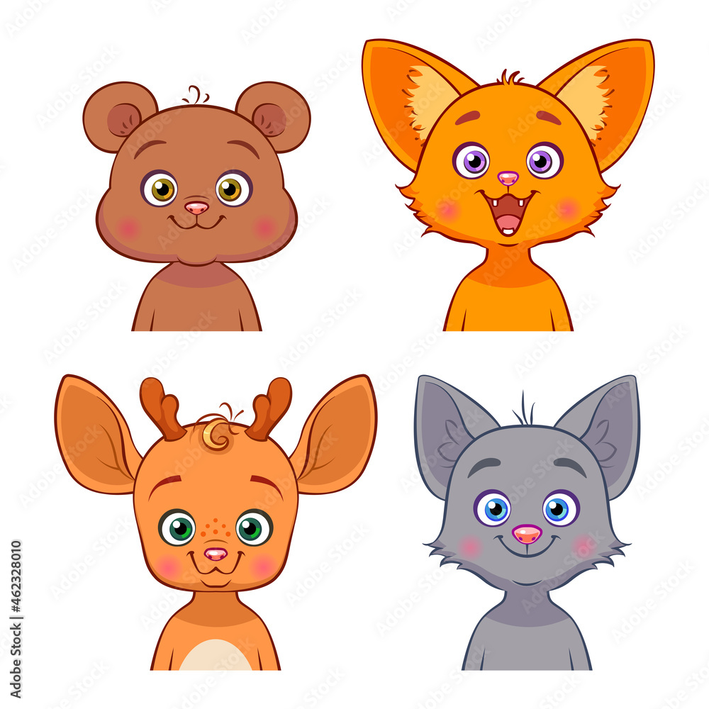 Vector set with forest animals in cartoon style. Hand drawn baby characters. Bear, fox, deer, wolf.