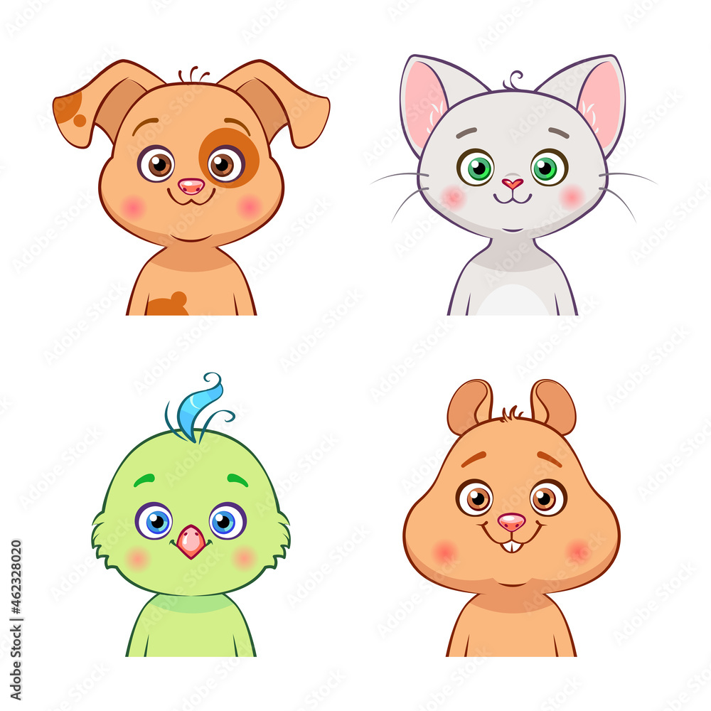 Fototapeta premium Cute kids animal portraits: dog, cat, parrot, hamster. Colorful vector illustration.