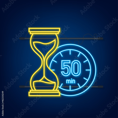 The 50 minutes, stopwatch vector neon icon. Stopwatch icon in flat style, timer on on color background. Vector illustration.