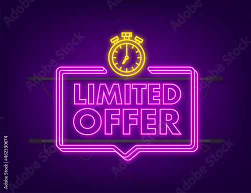 Limited Offer Labels. Alarm clock countdown logo. Neon icon. Limited time offer badge. Vector illustration