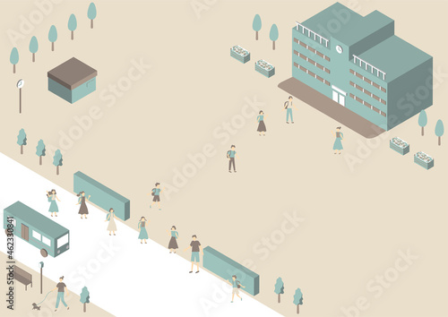 小学校の登下校の風景　アイソメトリック