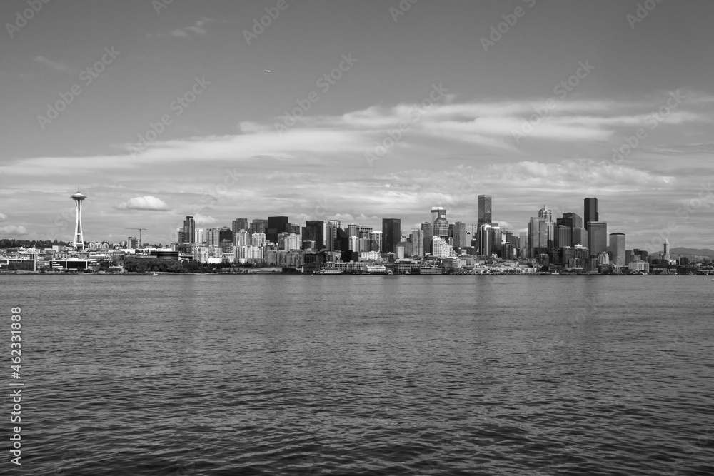Seattle skyline during summer. View from Elliott Bay. Space Needle. Washington state. Black and white.