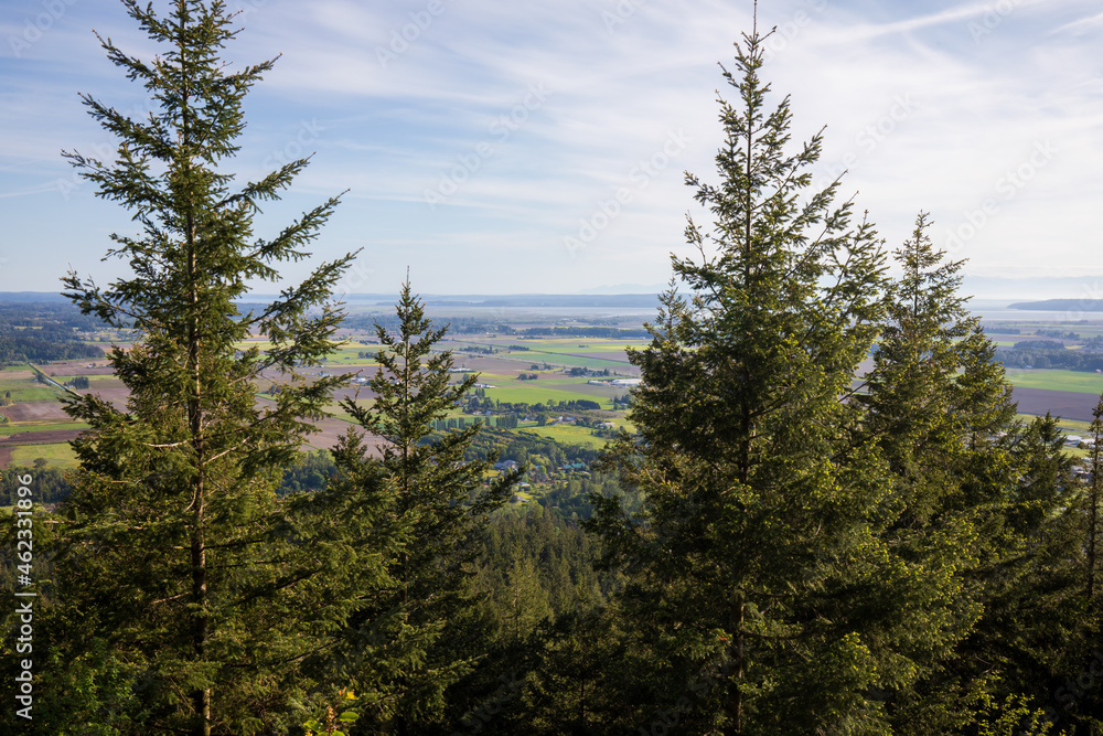 Skyline of Burlington and Mount Vernon in Washington. View from Little Mountain Park during Summer.