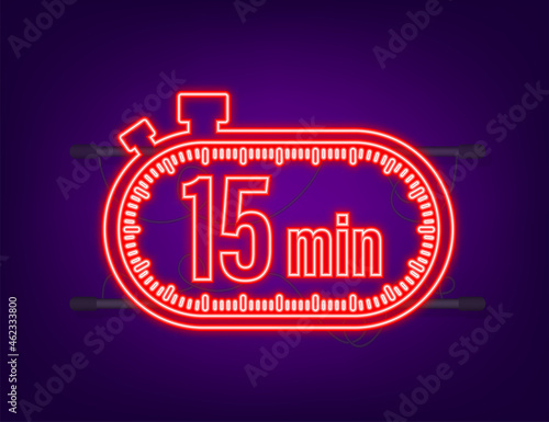 The 15 minutes, stopwatch vector neon icon. Stopwatch icon in flat style, timer on on color background. Vector illustration