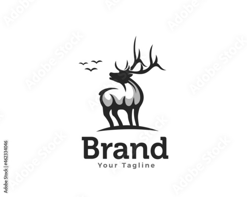 stand antler deer elk look back bird background logo template illustration