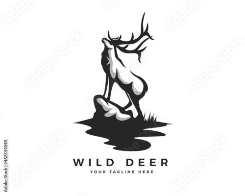 silhouette wild elk deer stand out at rock logo template illustration