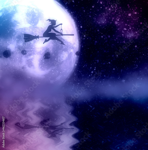 Flying young witch silhouette on a broomstick. Planet and stars reflected in river