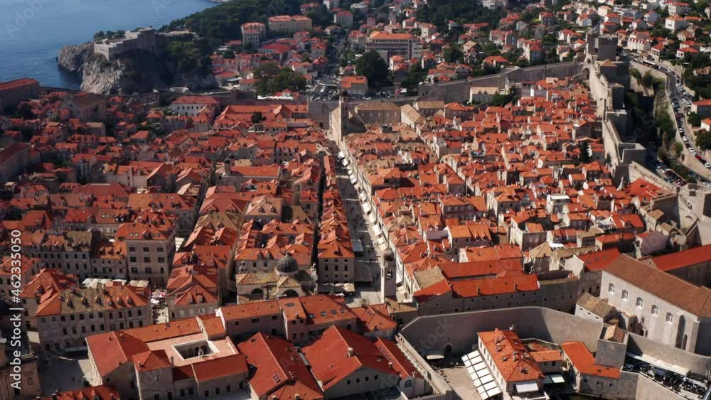 Aerial View Of The Walled City Of Dubrovnik In Croatia - drone shot Aerial View Of The Walled City Of Dubrovnik In Croatia - drone shot