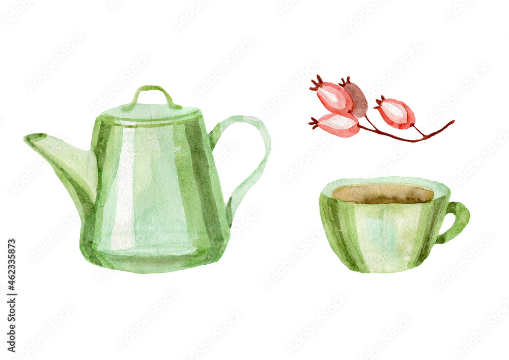 Watercolor skech kettle mug rosehip isolated elements Watercolor skech kettle mug rosehip isolated elements