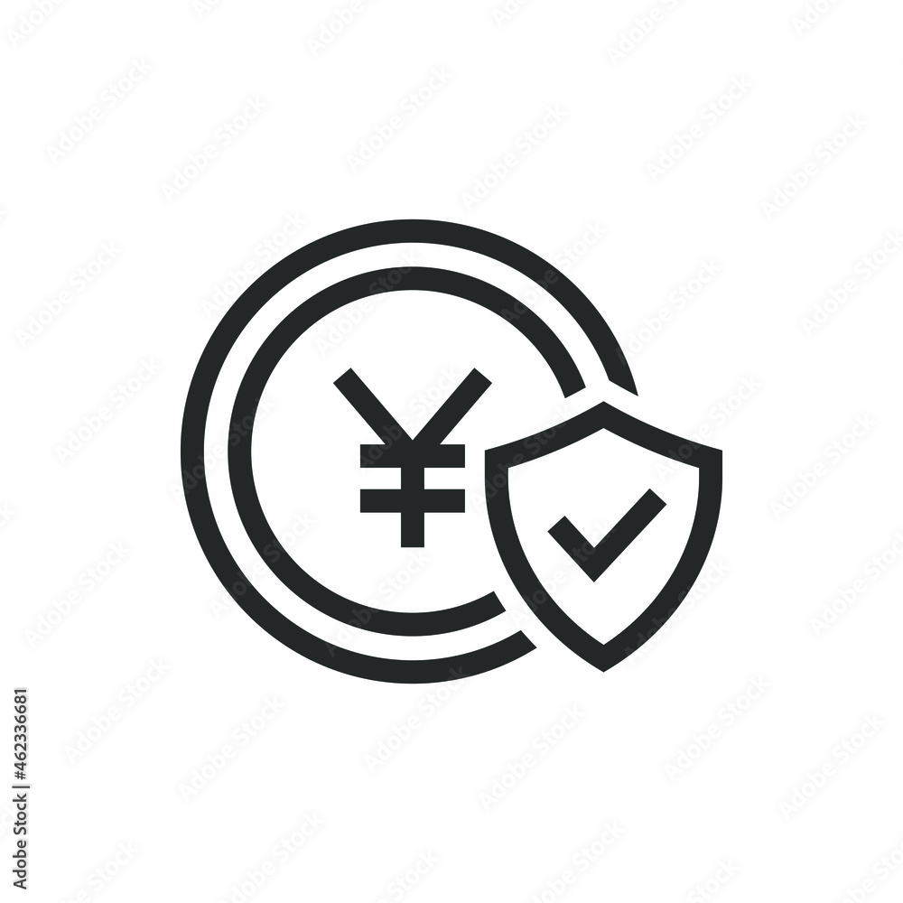 Obraz premium Yen coin with shield and checkmark. Money protection icon concept isolated on white background. Vector illustration