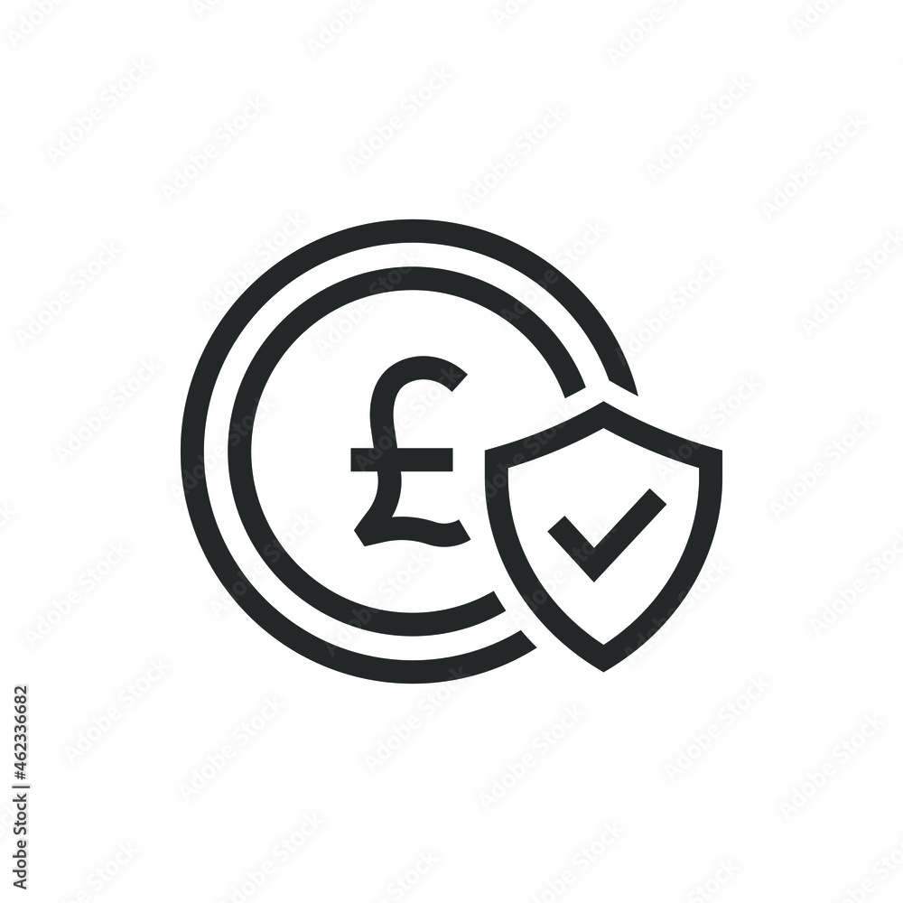 Pound coin with shield and checkmark. Money protection icon concept isolated on white background. Vector illustration Pound coin with shield and checkmark. Money protection icon concept isolated on white background. Vector illustration