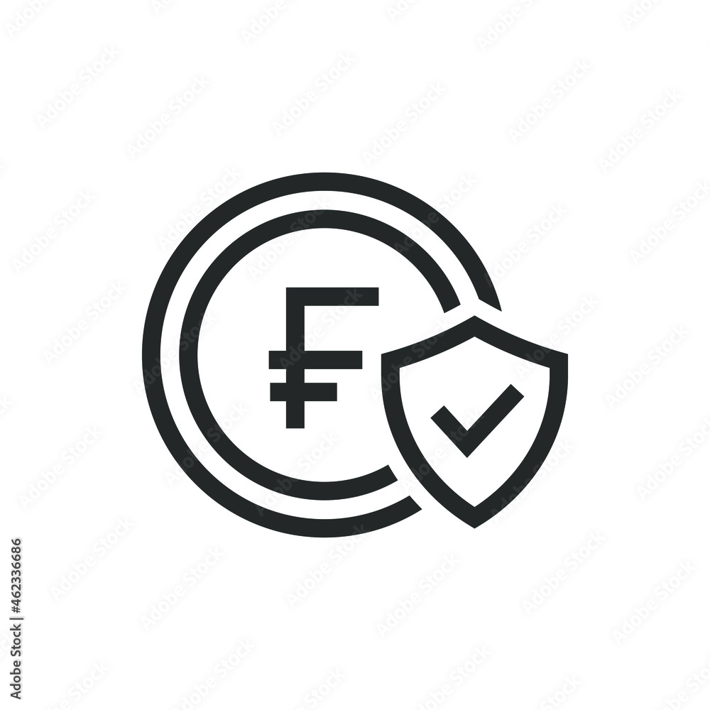 Franc coin with shield and checkmark. Money protection icon concept isolated on white background. Vector illustration Franc coin with shield and checkmark. Money protection icon concept isolated on white background. Vector illustration