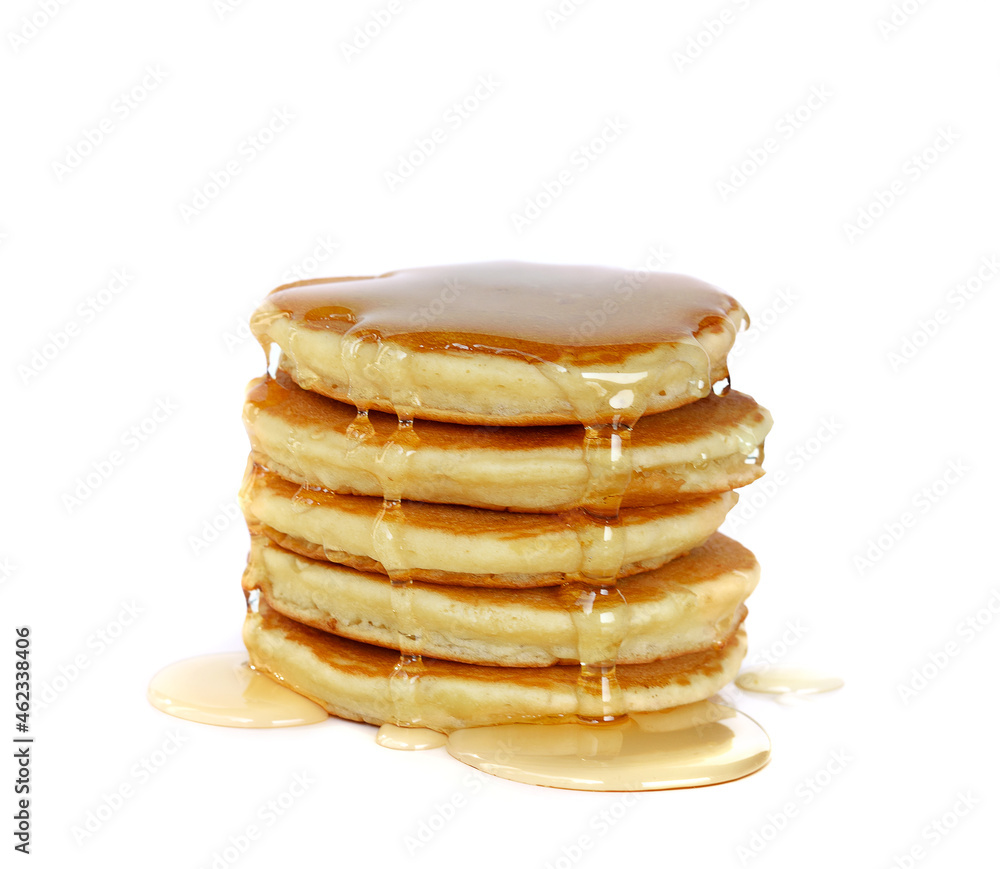 Stack of Pancakes top with honey on white background Stack of Pancakes top with honey on white background