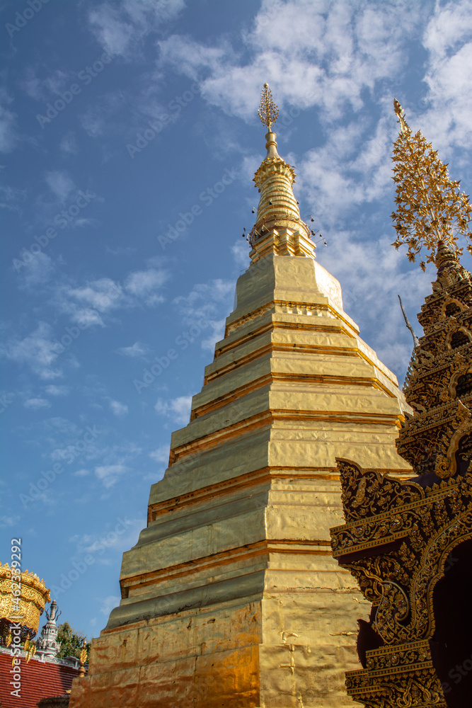 Fototapeta premium Within Wat Phra That Cho Hae is a Chiang Saen-style pagoda that enshrines holy relics of Lord Buddha. A major religious and sacred Buddhism site of Phrae is located in the North of Thailand.