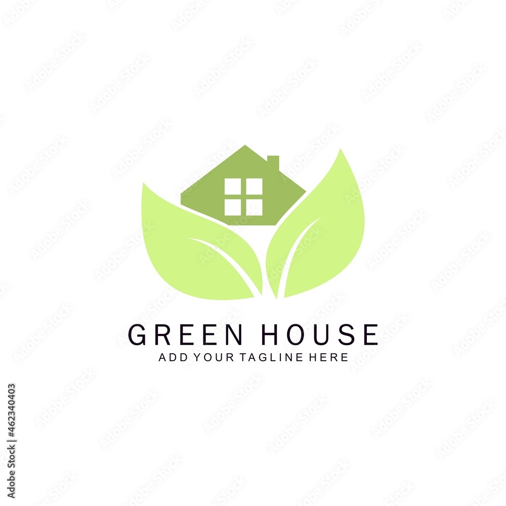 Green house logo template vector design. Green house and leaf illustration Green house logo template vector design. Green house and leaf illustration