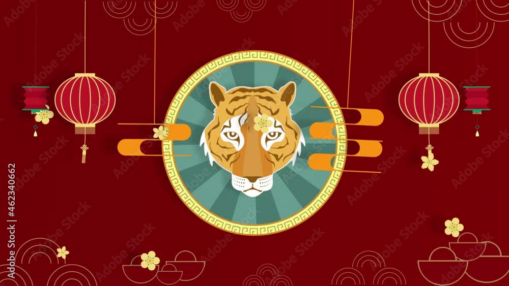 Chinese new year 2022 year of the tiger red and gold flower, Chinese New Year Celebration Background, year of tiger, Chinese tiger astrological for loop background decoration. Chinese new year 2022 year of the tiger red and gold flower, Chinese New Year Celebration Background, year of tiger, Chinese tiger astrological for loop background decoration.