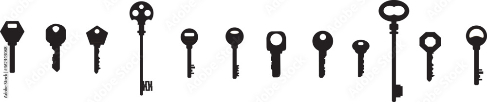 Set of black silhouettes of door keys. Key icon set.Vintage key antique ...