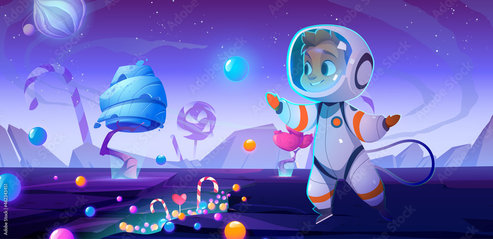 Cute child astronaut on alien planet with sweets and candies around. Space party, birthday celebration, baby cosmonaut in suit and helmet on extraterrestrial landscape, Cartoon vector illustration
