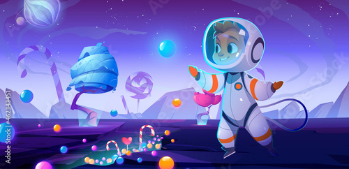 Fototapeta Naklejka Na Ścianę i Meble -  Cute child astronaut on alien planet with sweets and candies around. Space party, birthday celebration, baby cosmonaut in suit and helmet on extraterrestrial landscape, Cartoon vector illustration
