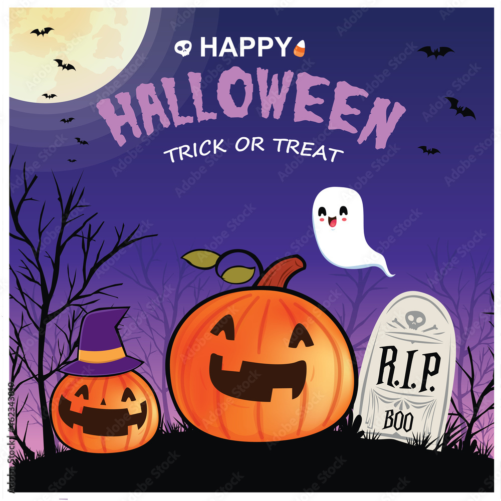 Vintage Halloween poster design with vector ghost, jack o lantern character.