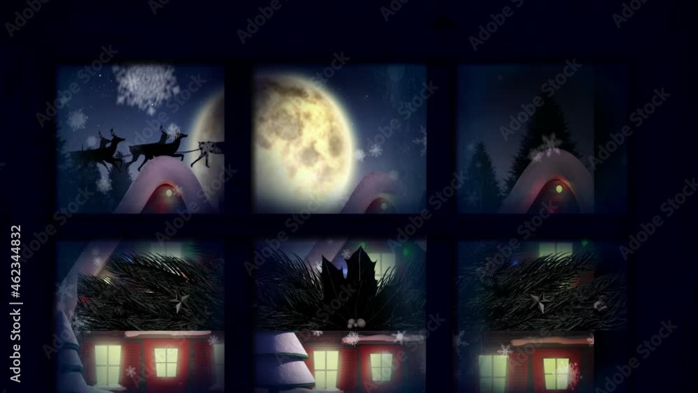 Window frame against snow falling over multiple houses on winter landscape against night sky Window frame against snow falling over multiple houses on winter landscape against night sky