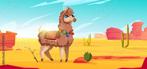Cute alpaca in mexican desert with red mountains, sand and cactuses. Vector cartoon illustration of desert landscape with rocks, cacti and funny llama. Guanaco in Mexico